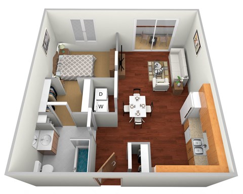 Floor plan for 1 bed, 1 bath, 596 sqft